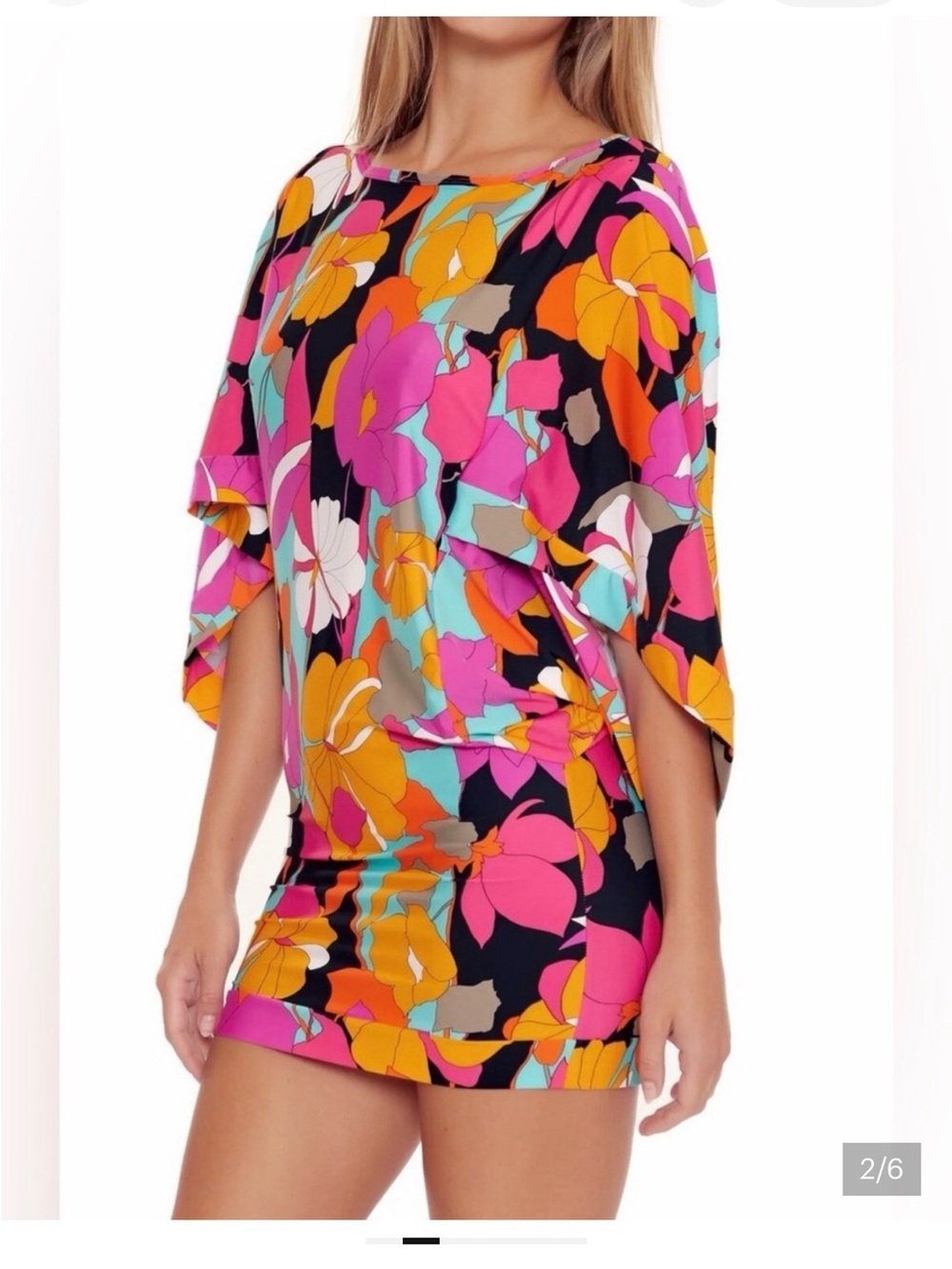 Trina Turk Black One-Piece Swim Tunic Dress with Pink, Orange & Aqua Floral - Picture 2 of 4